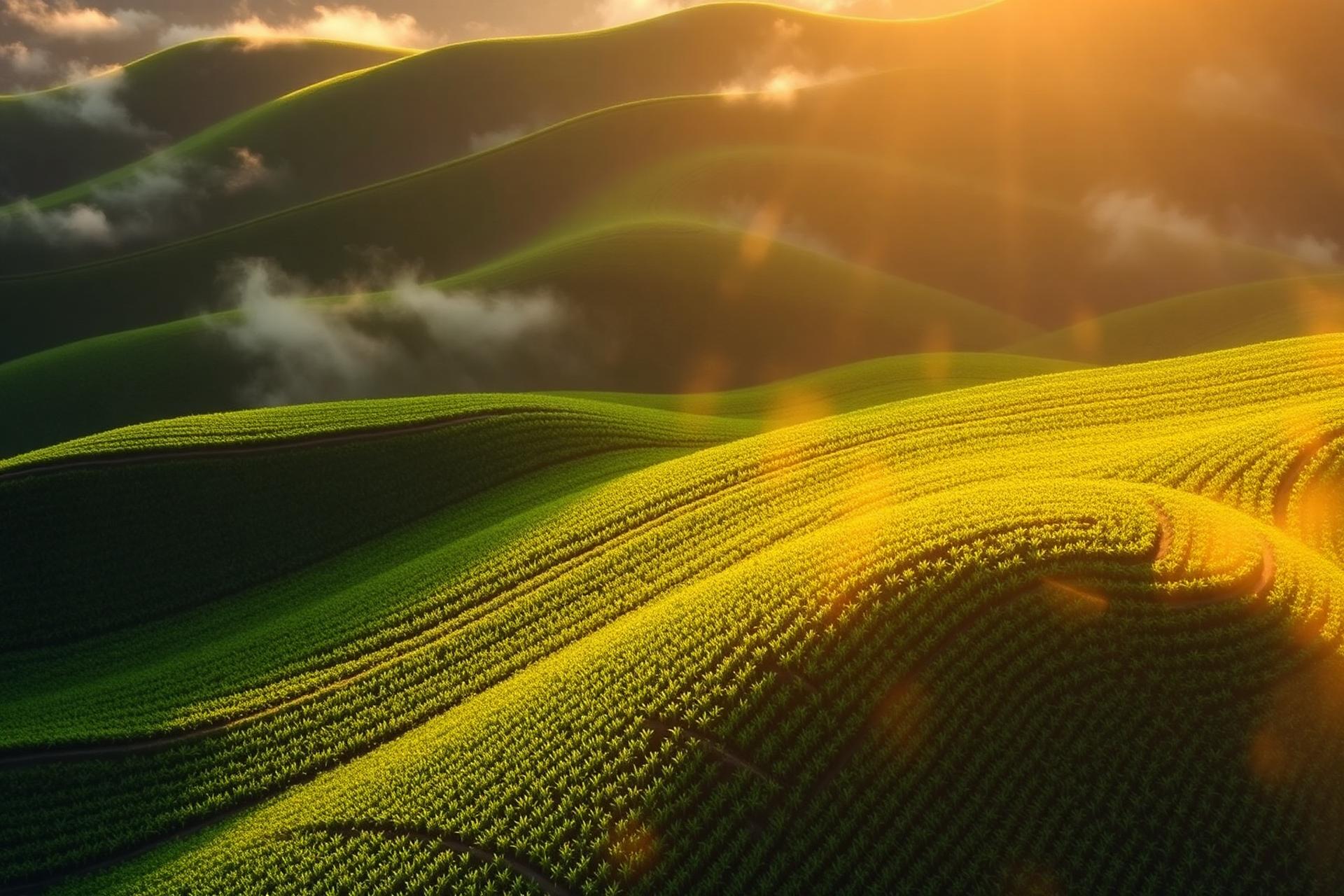 Duurzame groene velden bij zonsopgang
